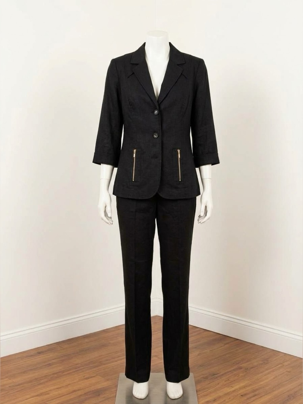 Signature by Larry Levine Black Two-Button Jacket with Zip-Pocket Straight Pants
